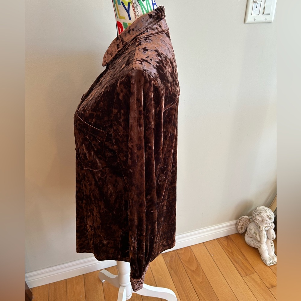 Cleo Crushed Velvet Button Down Shirt in Rich Brown - Picture 3 of 8